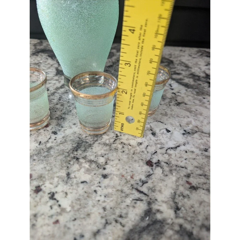 Vintage USSR Red Giant Green Sand Decanter 4 Shot Glasses Soviet Glass Set